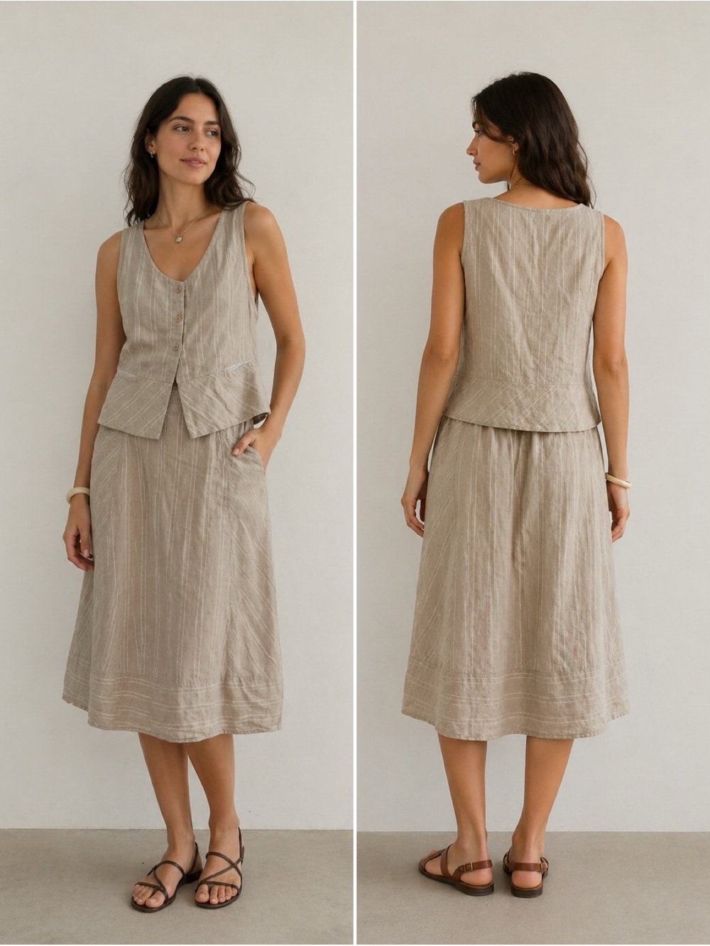 FLAX 100% Linen Striped Two Piece Set Beige Top & Skirt Lagenlook Minimal Chic